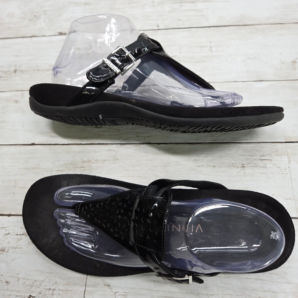 Vionic Tropez Thong Sandal Patent Leather Women 10 Black Orthotic Arch Support